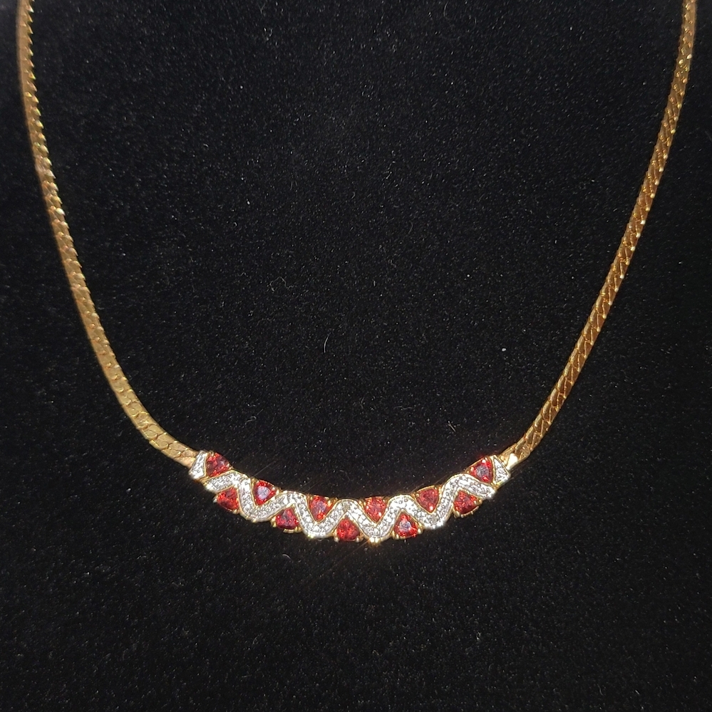 Vintage Gold Necklace With Trialliant Cut Garnet & Diamond Accents